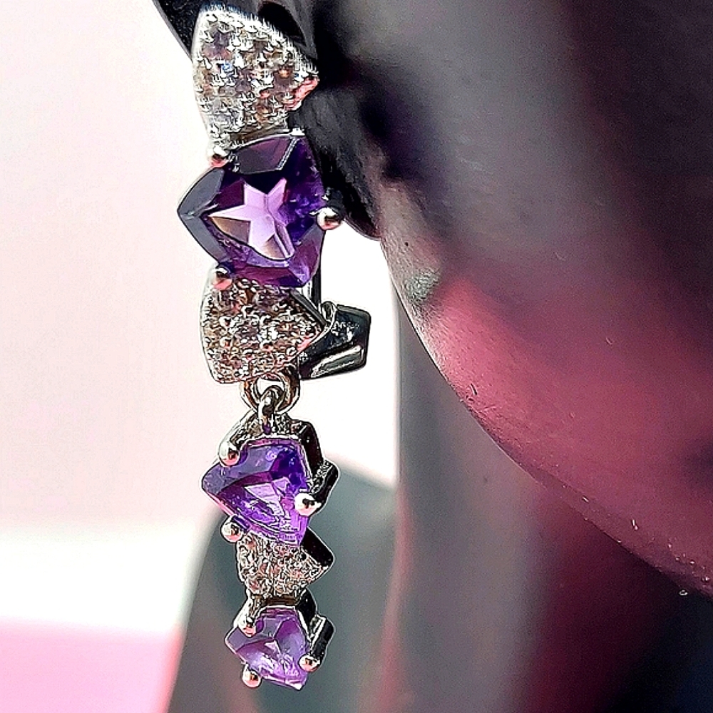 Natural Amethyst 6mm &‎ CZ 14K White Gold Plate on 925 Sterling Silver Earrings